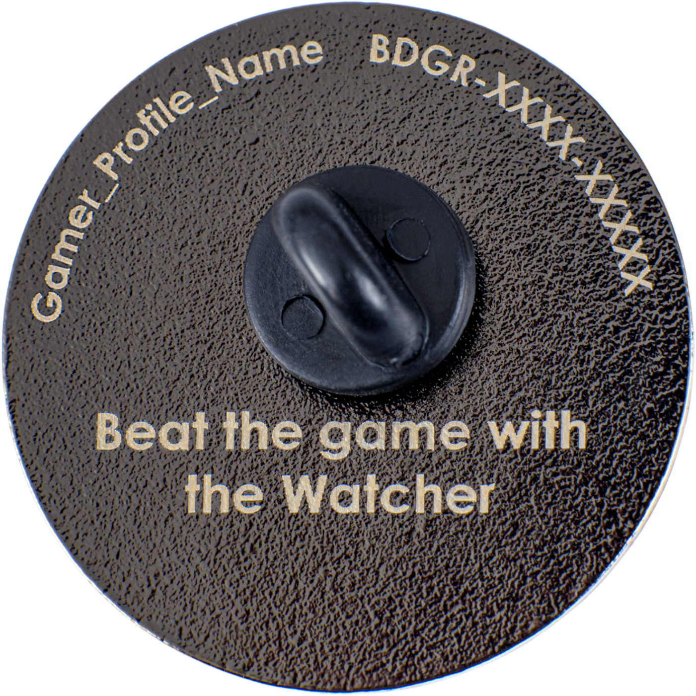 Back of an Amethyst achievement badge showing engraved gamer tag, unique ID and achievement description
