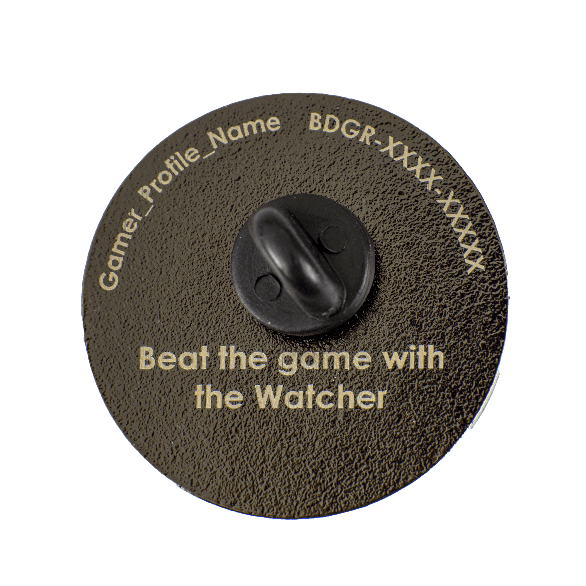 Badge back showing engraved gamer tag